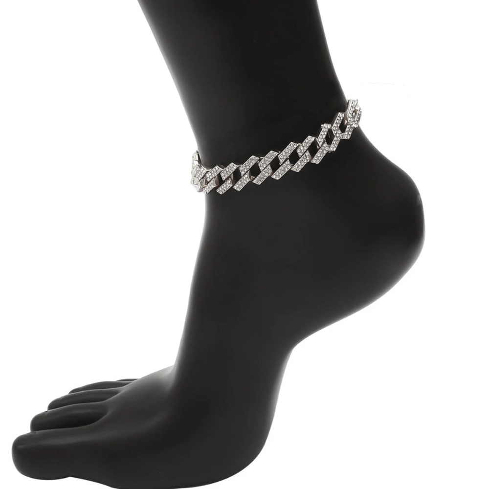 Cuban Full Crystal Rhinestone Link Chain Anklet, Micro Paved - Picture 9 of 10